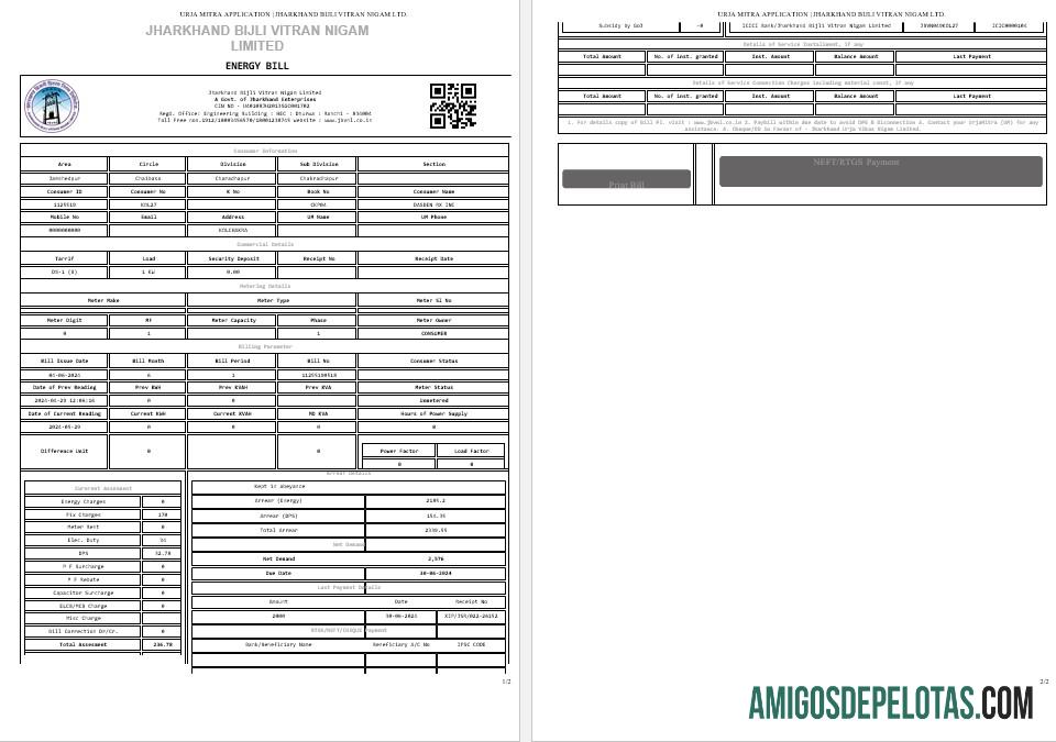 imprimível ÍNDIA JHARKHAND BIJLI VITRAN NIGAM LTD. Modelo de Word e PDF para conta de serviços públicos de negócios